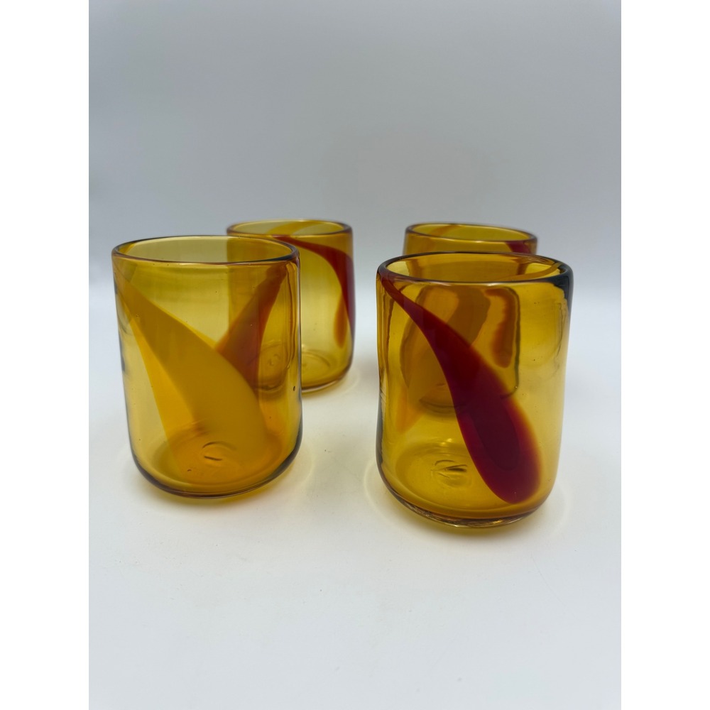 Vintage Pier 1 Imports Set of Four 4" Amber Handblown Swirl Glass Tumblers